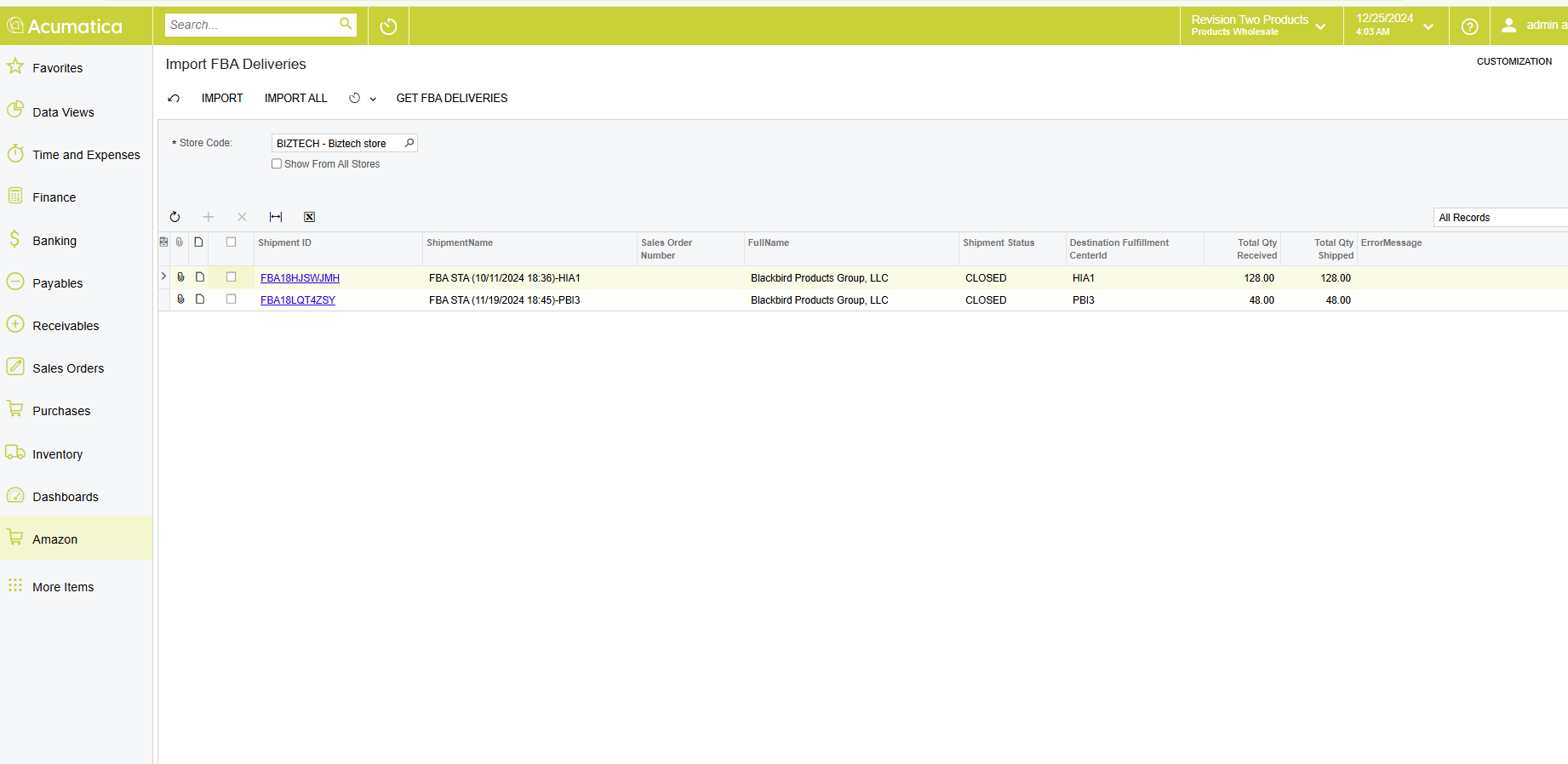 Import FBA Deliveries