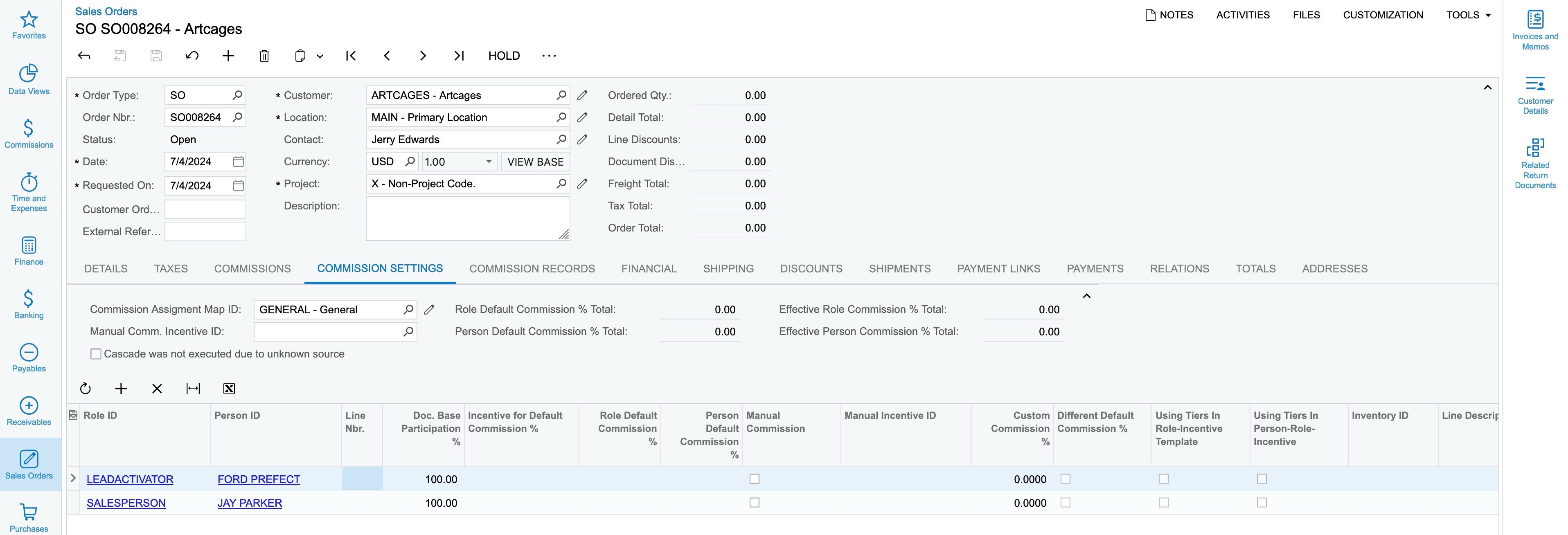 Commission Settings on Sales Document