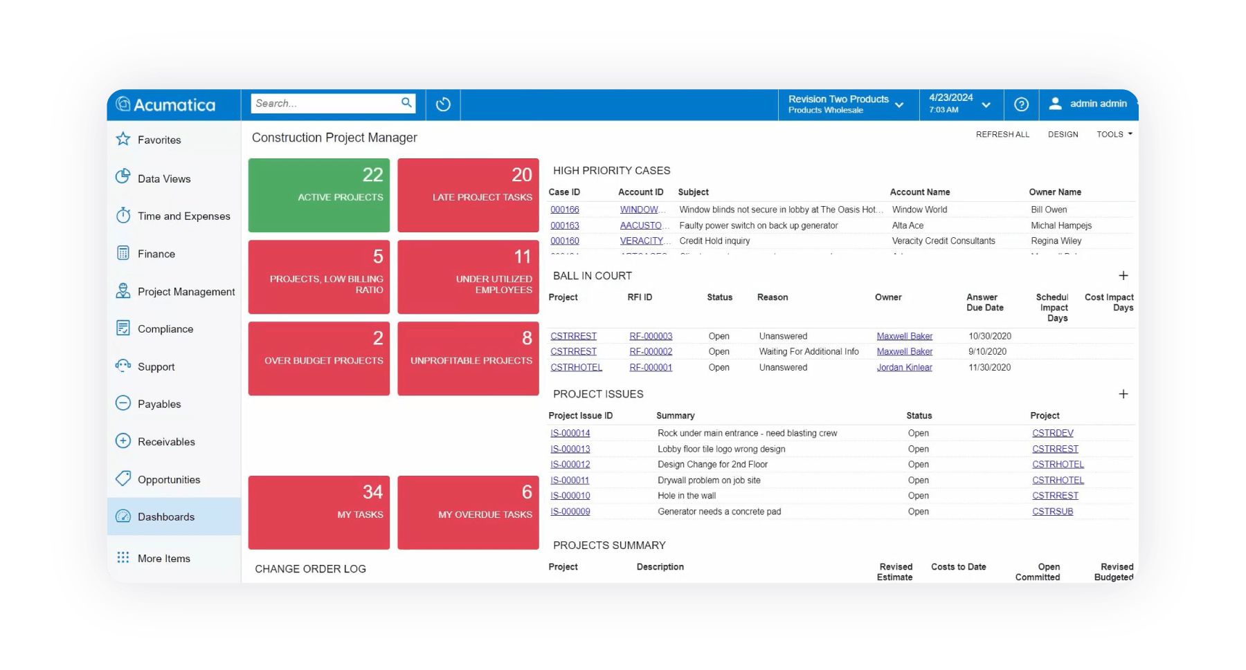 Captura de pantalla de la gestión de proyectos de Acumatica