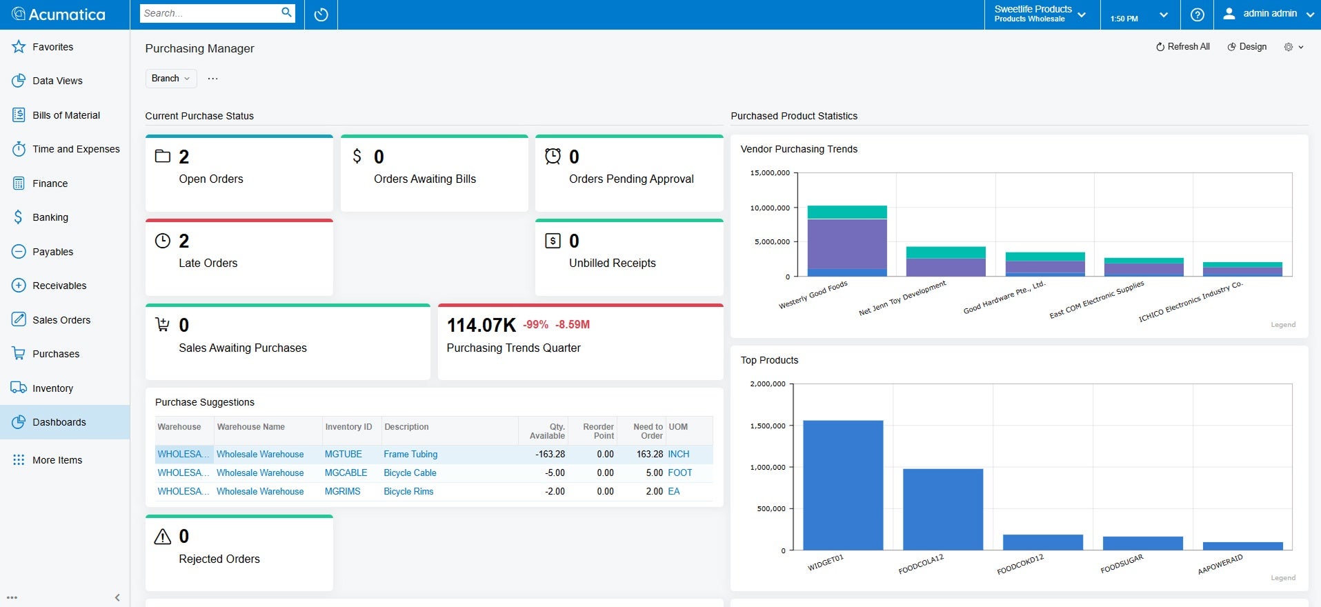 Procurement Screenshot of the Acumatica product to show Procurement of Acumatica in comparison to QuickBooks