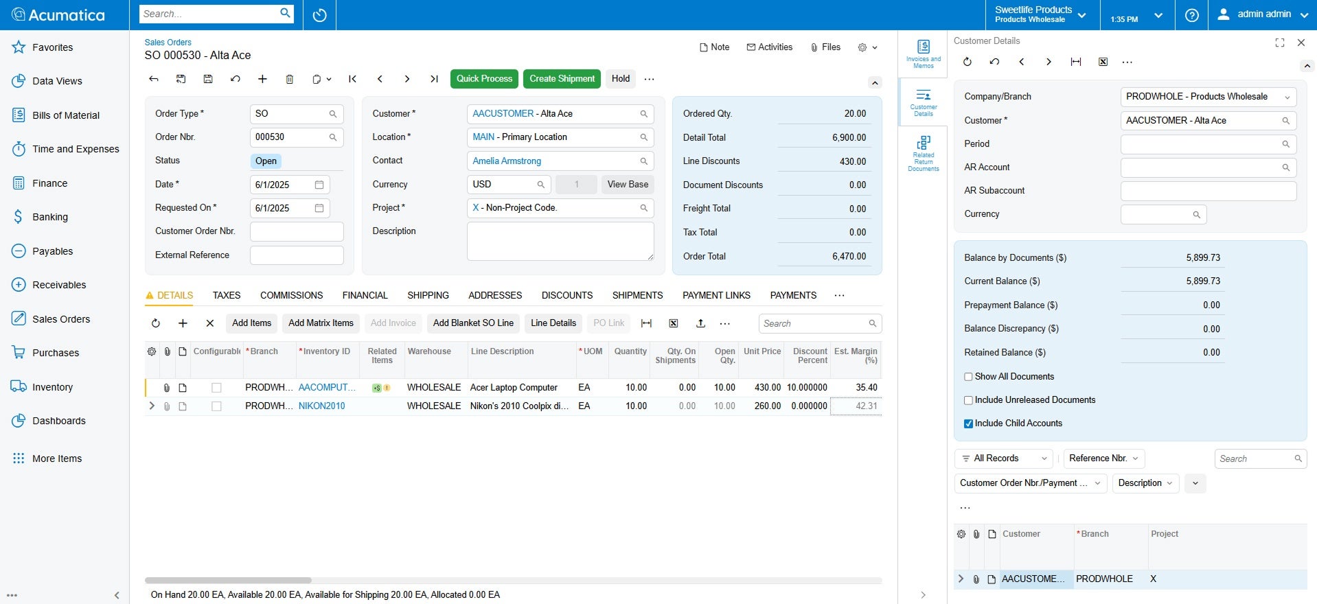 Sales Management Screenshot of the Acumatica product to show Sales Management capabilities of Acumatica in comparison to QuickBooks