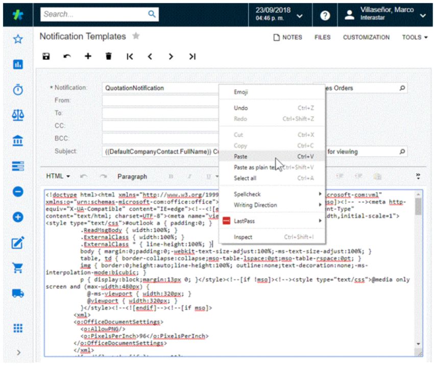 05SSInterastar Pasting HTML code in Notification Templates.